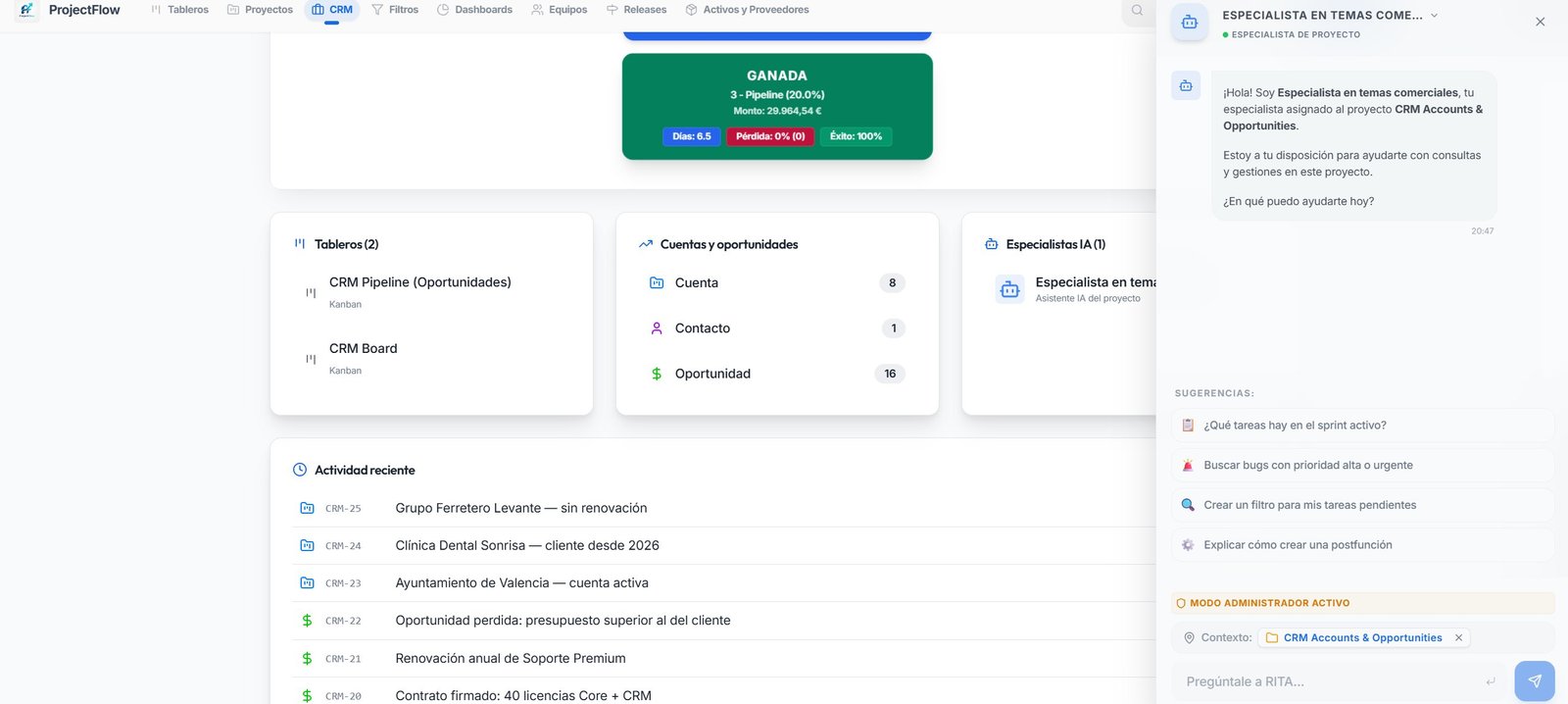 Chat con agente especialista IA dentro del CRM