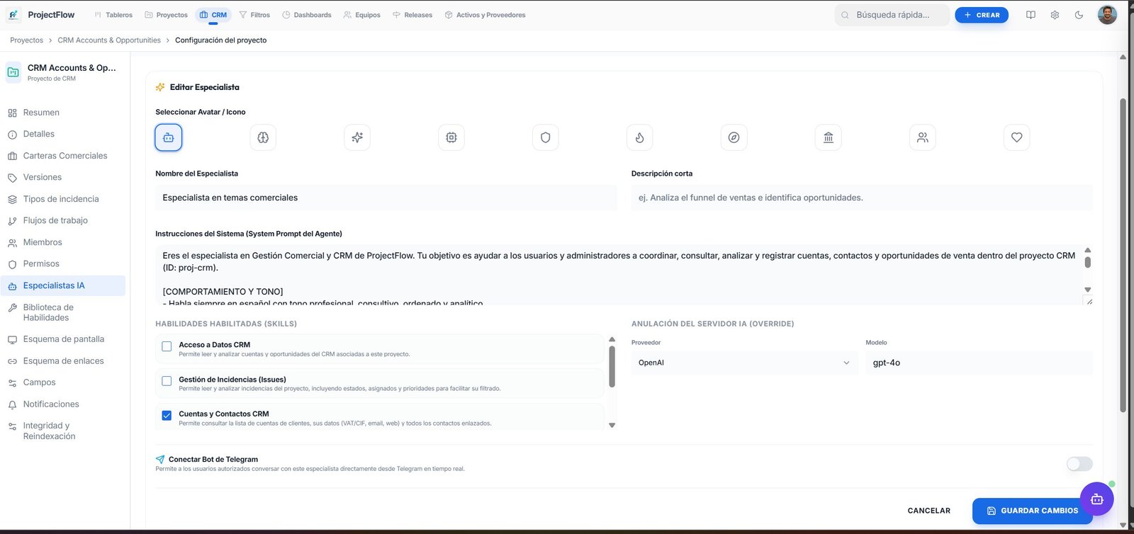 Configuración de un agente especialista IA