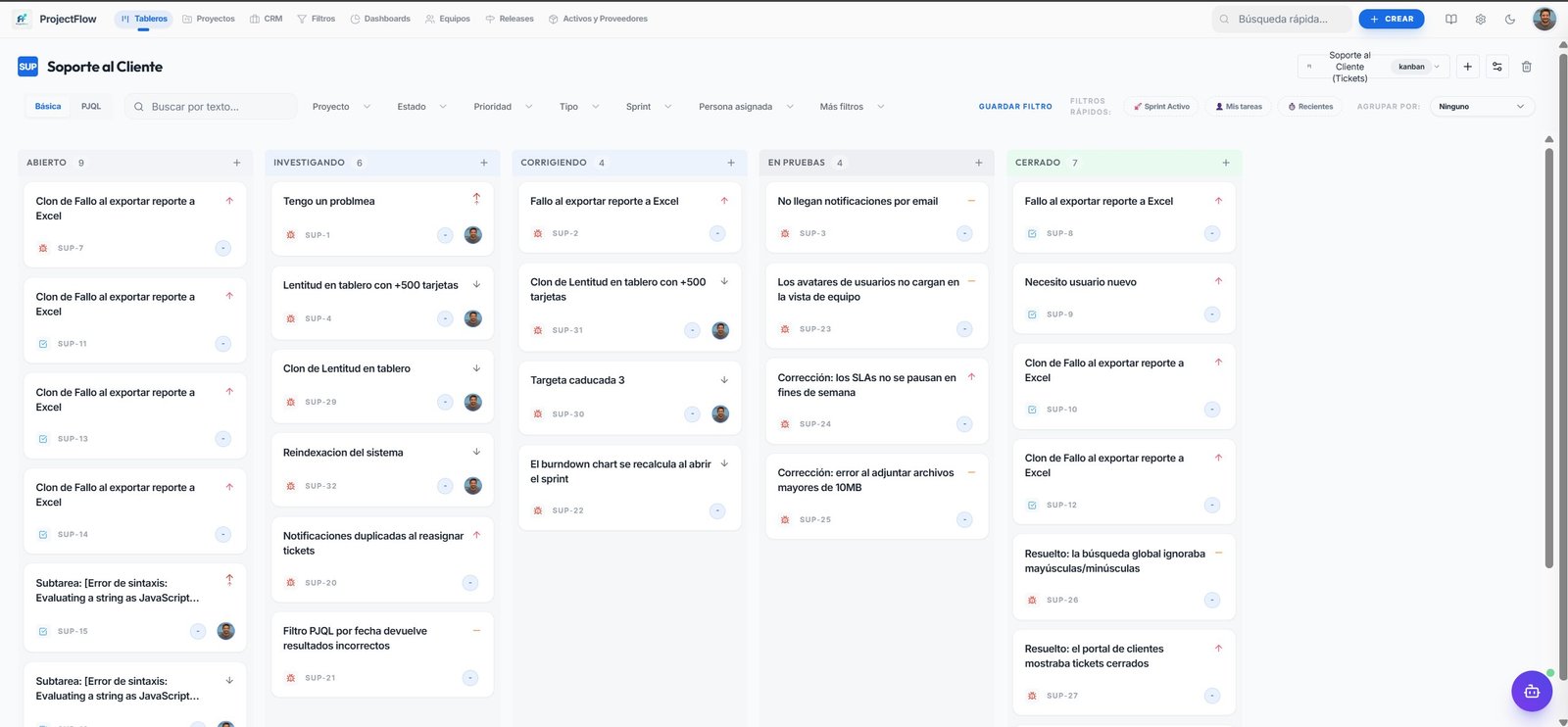 Tablero de soporte al cliente con tickets